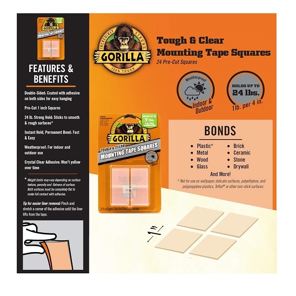 thumbnail image 2 of Gorilla Clear Double Sided Mounting Tape - 4 Pack Heavy Duty Weatherproof Adhesive For Indoor & Outdoor 2 of 12