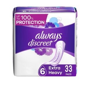 Always Discreet Incontinence Pads for Women and Postpartum Pads, Extra Heavy, 33 CT, up to 100% Bladder Leak Protection