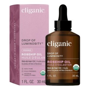 Cliganic USDA Organic Rosehip Seed Oil for Face, 100% Pure | Natural Cold Pressed Unrefined Hexane-Free | Base Carrier Oil for Skin, Hair & Nails | Certified Organic, 1oz